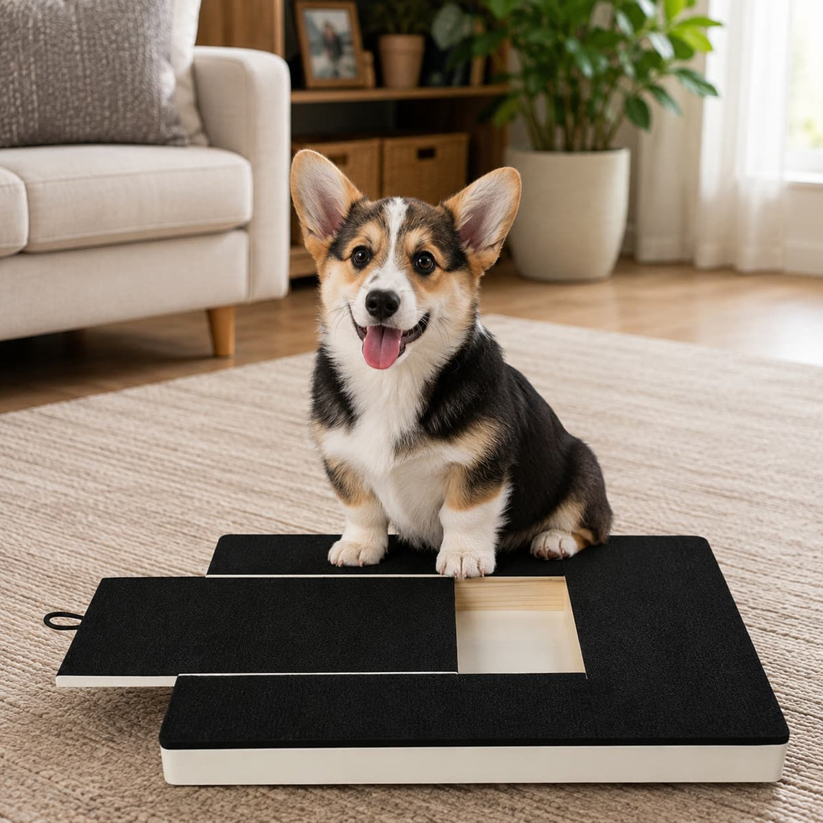 Corgi sitting on a dog nail scratch board for at home nail care