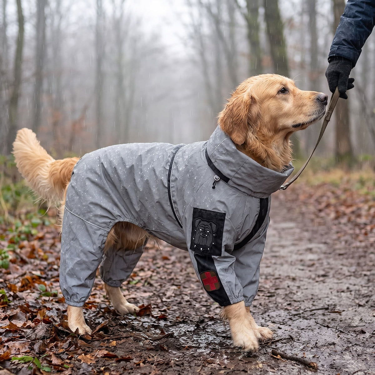Golden Retriever wearing a grey waterproof dog raincoat during a wet woodland walk