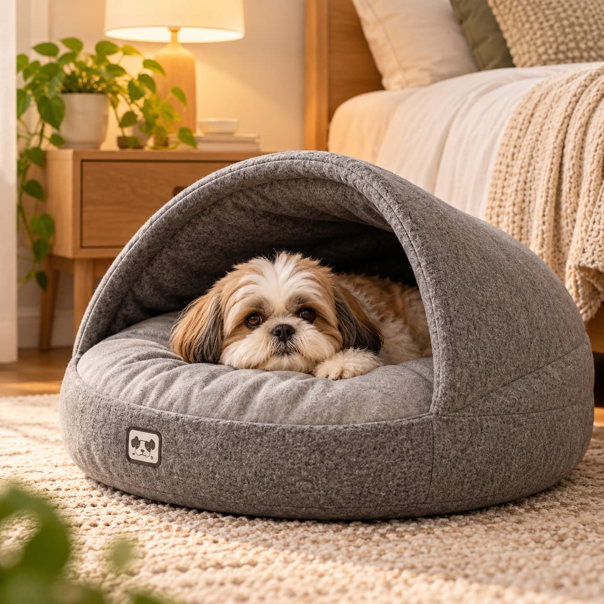 Small fluffy dog relaxing comfortably inside a plush grey hooded pet bed beside a cosy bedroom
