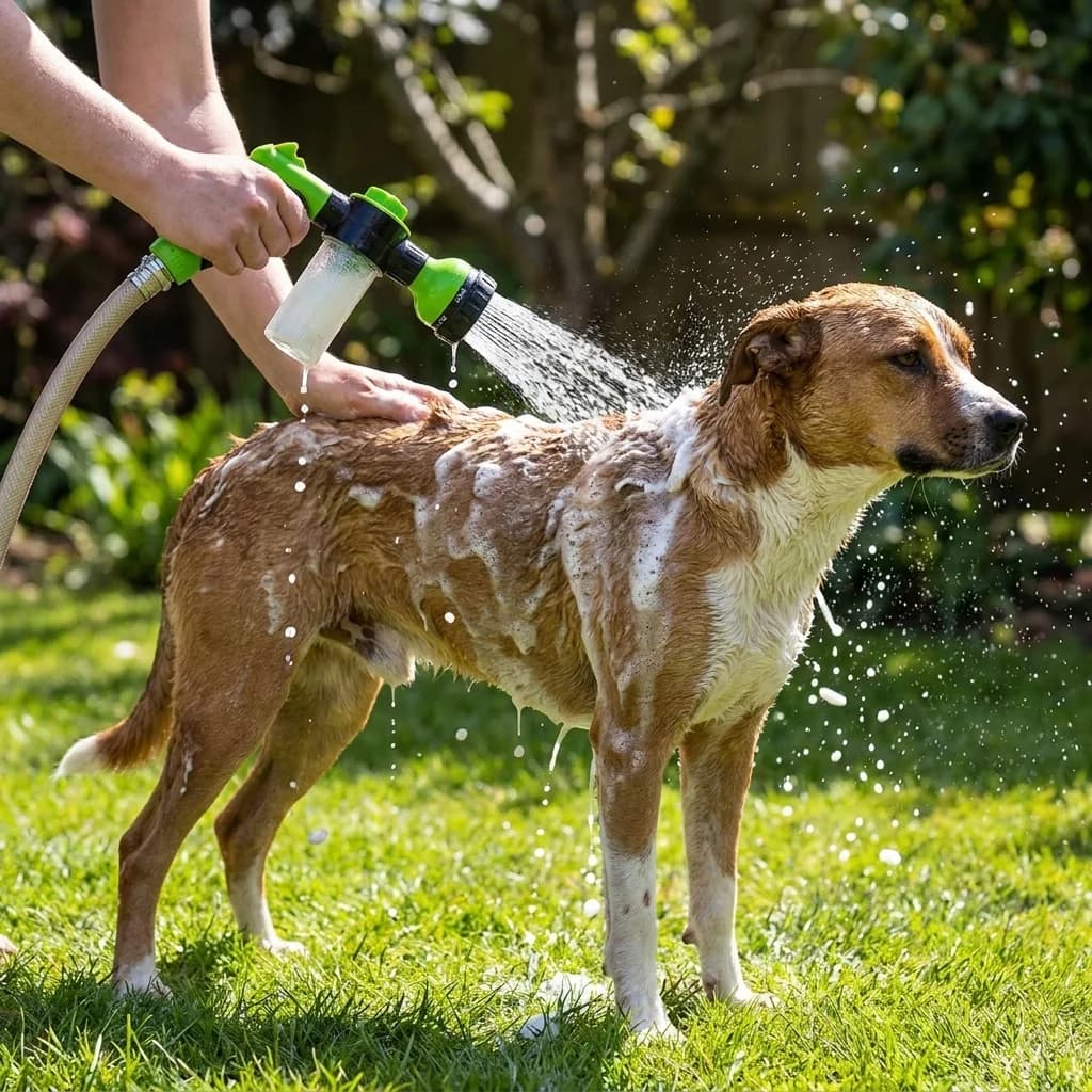 Dog being washed outdoors using a handheld shower sprayer attachment for easy pet bathing