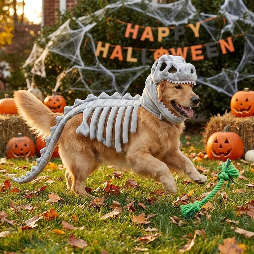 Golden Retriever wearing a grey dinosaur skeleton Halloween costume outdoors with pumpkins, autumn leaves and spooky Halloween decorations