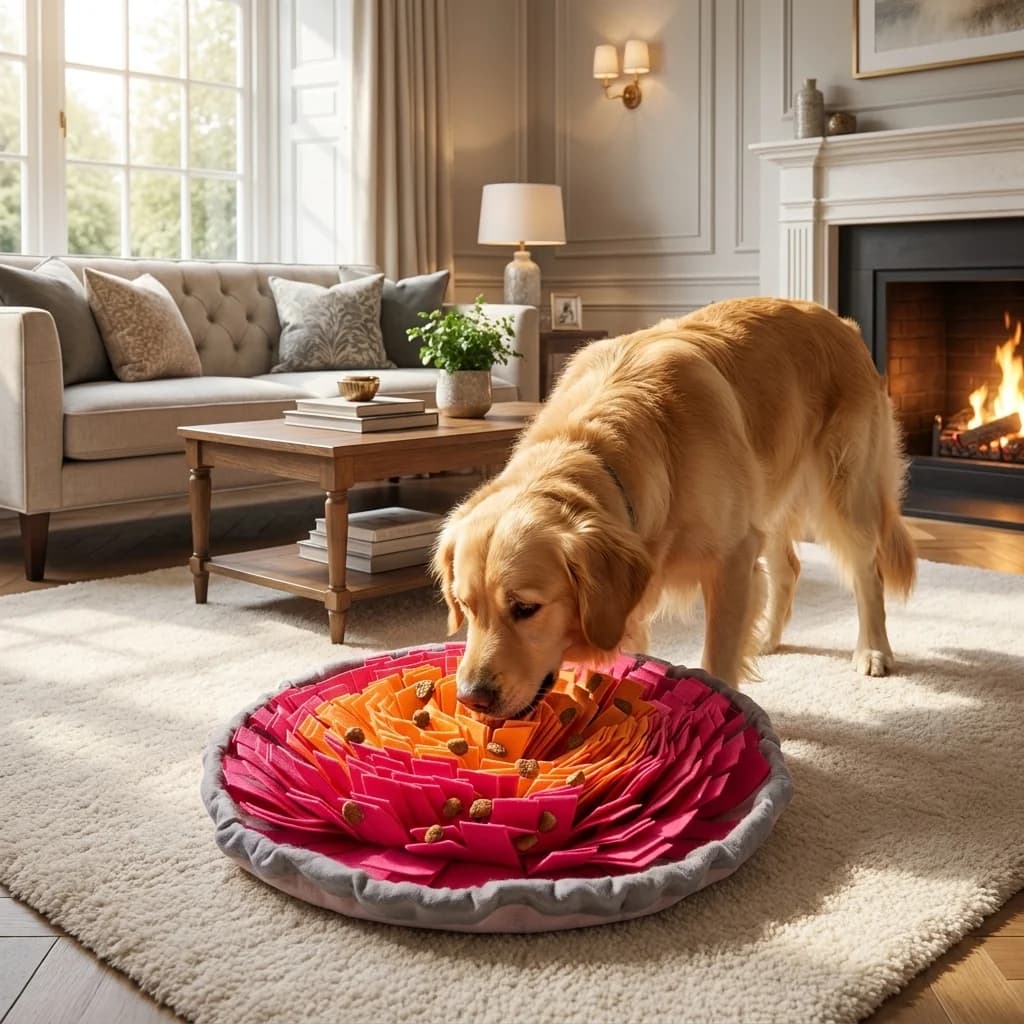 Golden Retriever using a pink snuffle mat for treat searching and indoor enrichment.