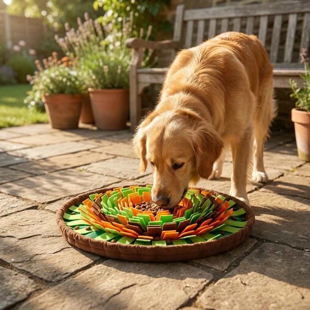 Golden Retriever using a colourful snuffle mat to search for hidden treats outdoors.