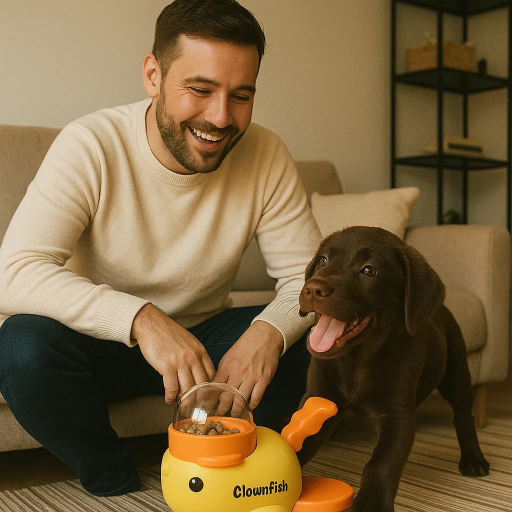 Owner encouraging a small dog to play with an interactive treat dispensing enrichment toy