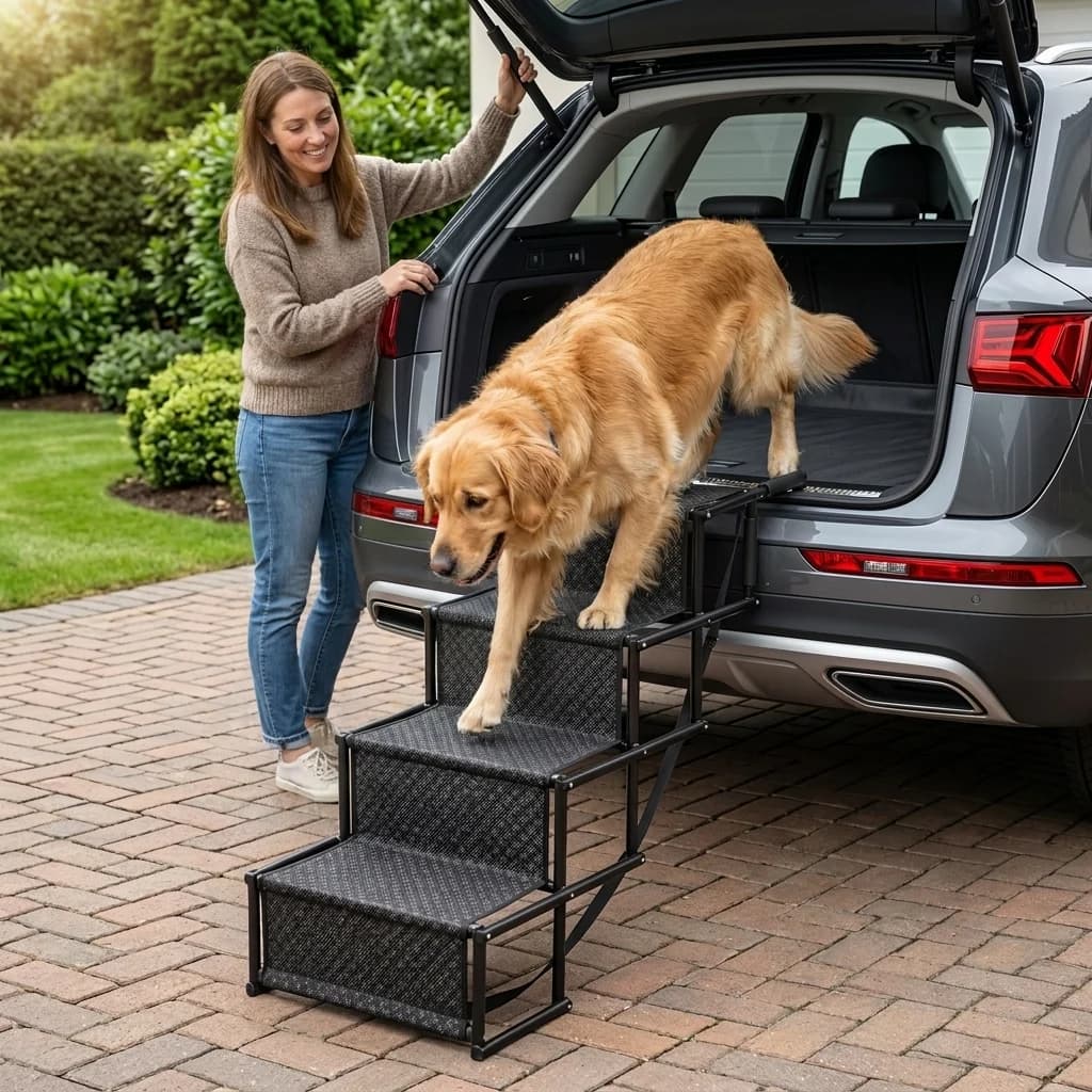 Golden Retriever using sturdy portable dog steps to climb safely into a car boot.