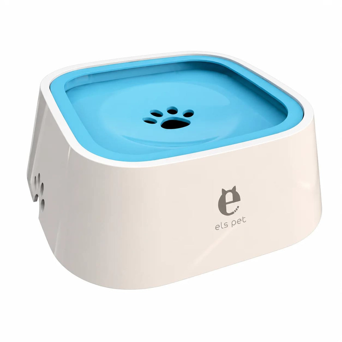 White elevated anti splash dog water bowl with blue paw print insert displayed on a clean white background.