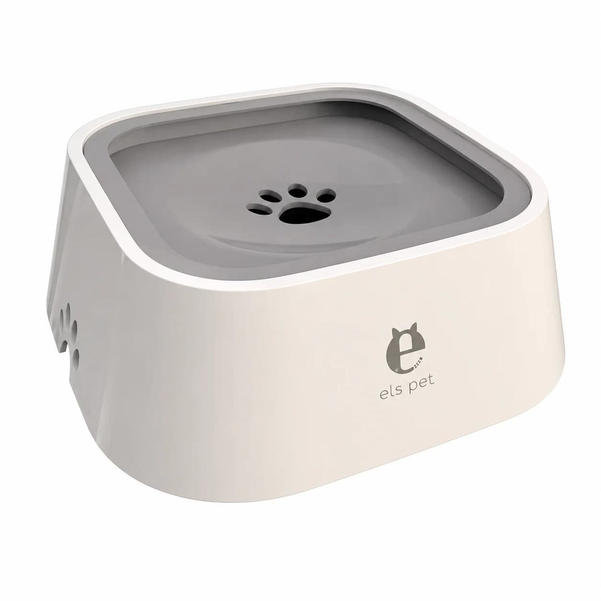 White elevated anti splash dog water bowl with grey paw print insert displayed on a clean white background.