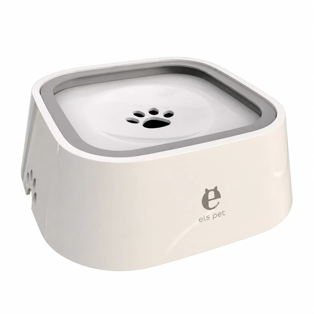 White elevated anti splash dog water bowl with grey paw print insert displayed on a clean white background.