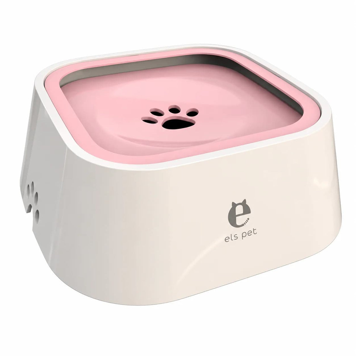 White elevated anti splash dog water bowl with pink paw print insert displayed on a clean white background.