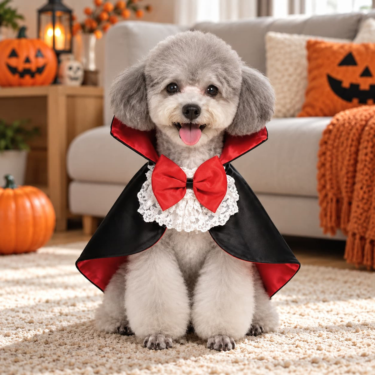 Small grey dog wearing a Dracula style vampire cape with red bow tie for Halloween.