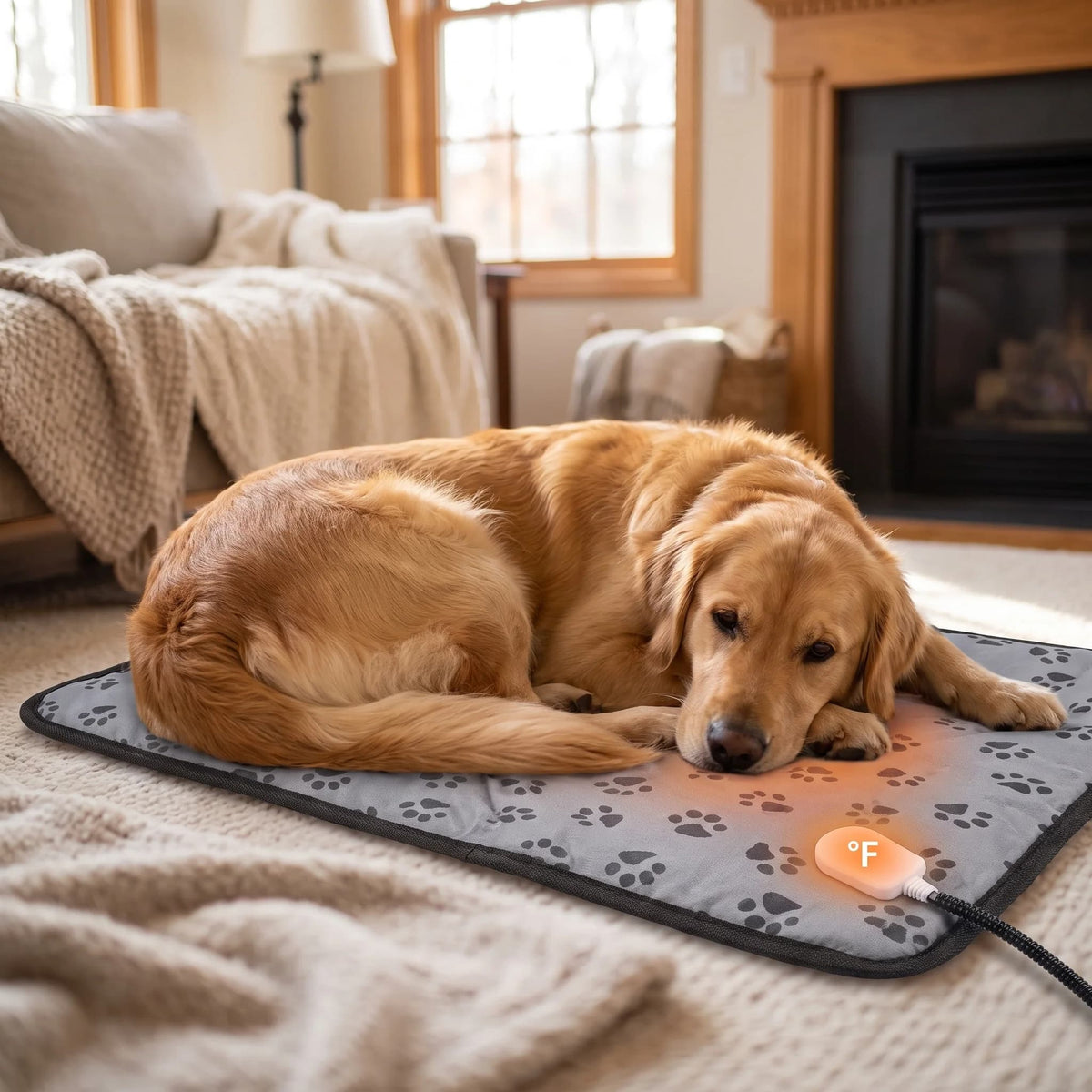 Golden Retriever resting on a grey paw print electric heated pet mat in a cosy living room