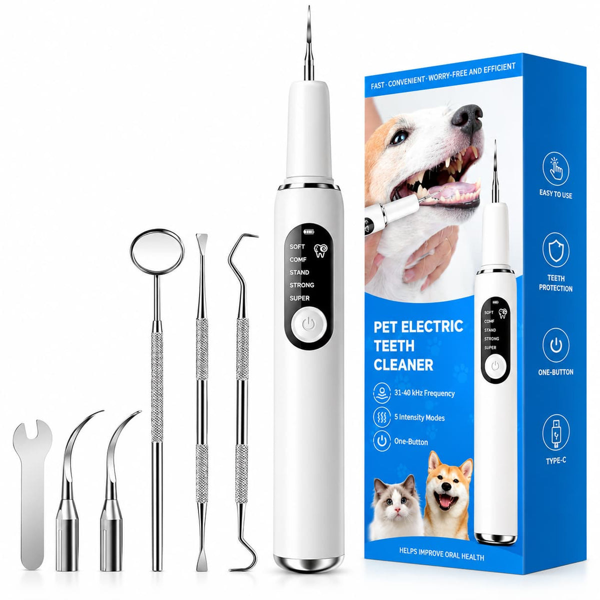 Electric pet dental cleaning kit with handheld cleaner, dental tools, accessories and product packaging.