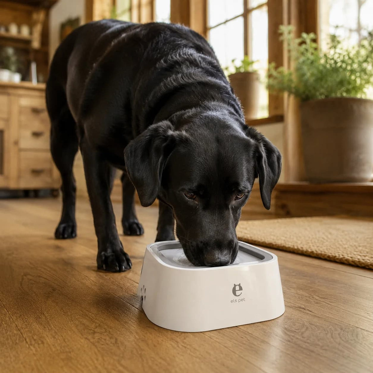 Black Labrador drinking from a modern white elevated anti splash dog water bowl with grey insert in a bright cosy home.