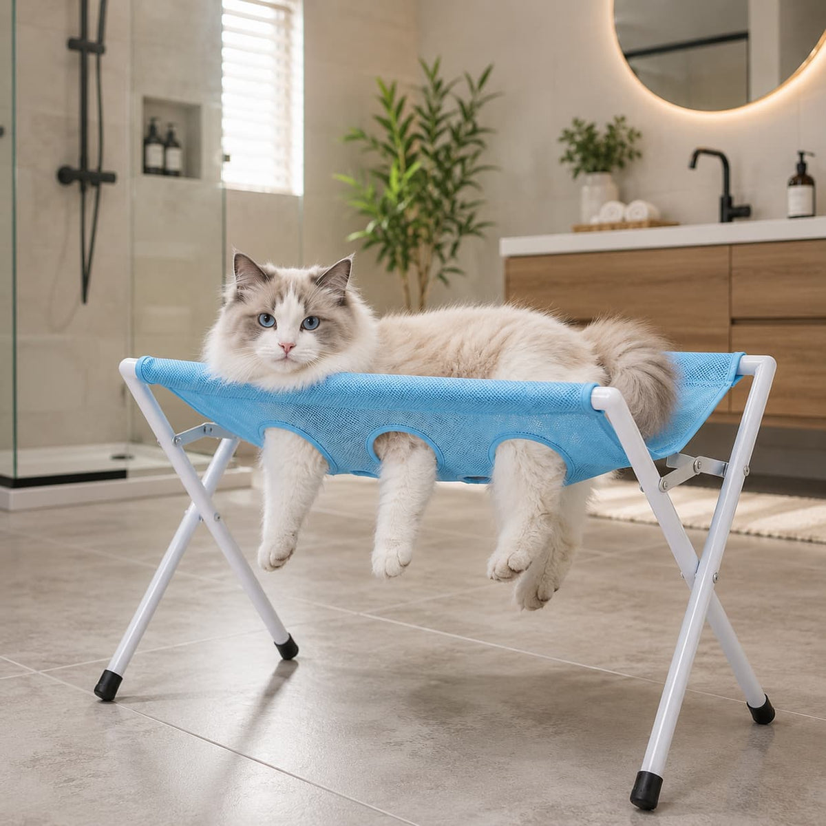 Cat resting in a blue elevated portable pet bath tub in a modern bathroom