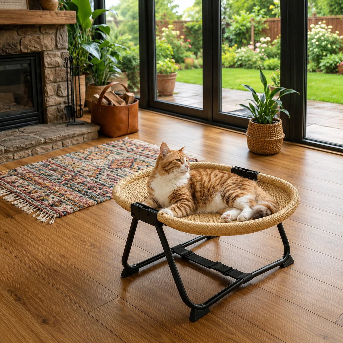 Cat relaxing on a round elevated hammock bed in a bright and cosy living room