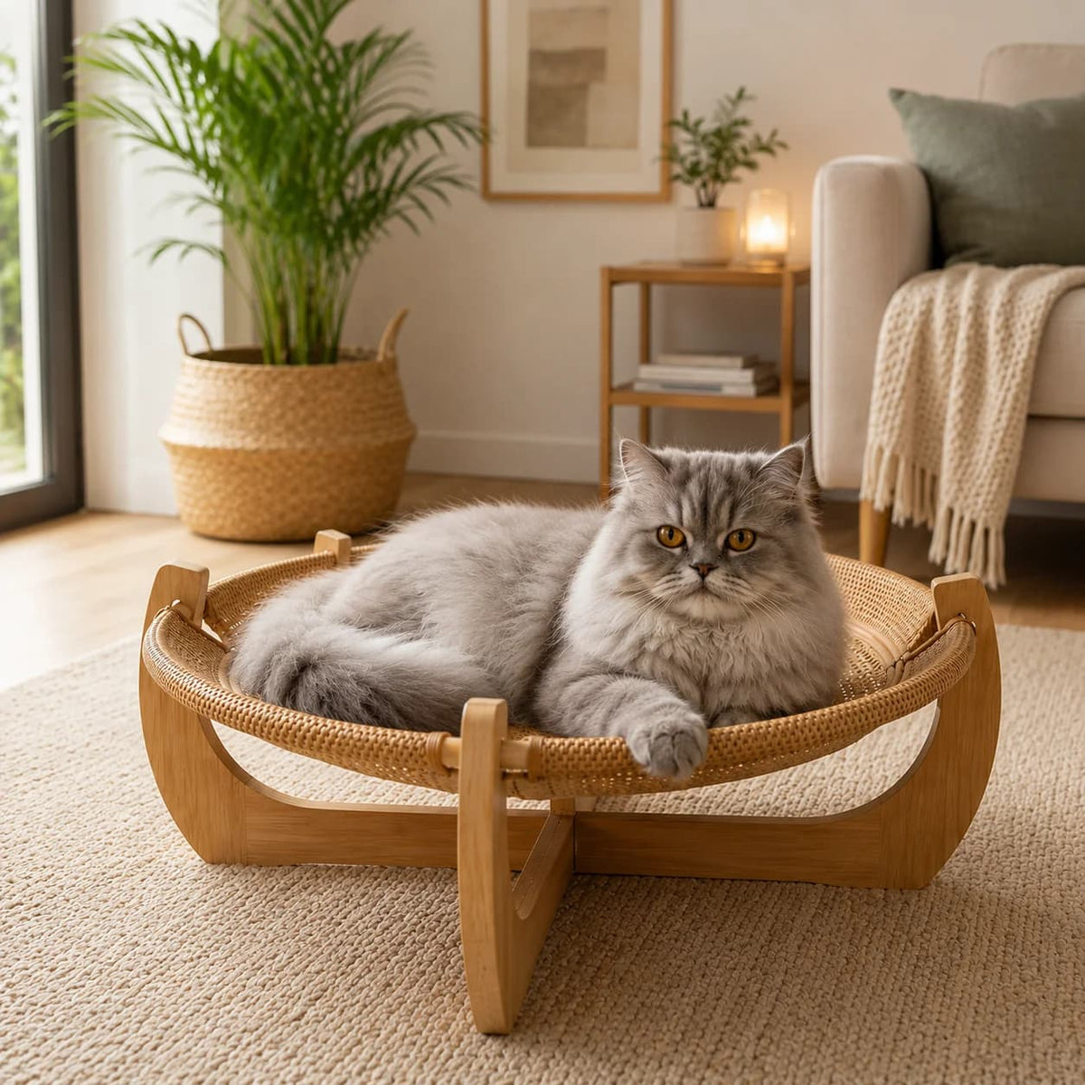 Fluffy grey cat relaxing comfortably on a woven elevated cat hanging bed with wooden frame in a cosy modern living room