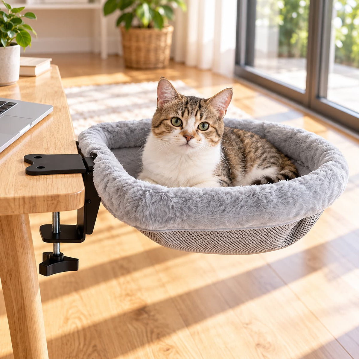 Tabby cat sitting in a plush grey elevated cat bed securely attached to a wooden desk
