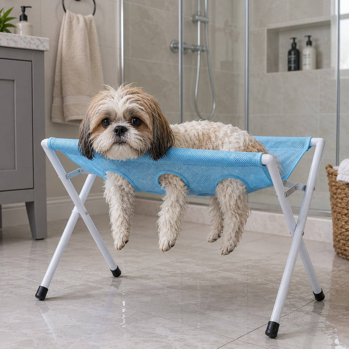 Shih Tzu resting in a blue elevated portable dog bath tub in a bathroom
