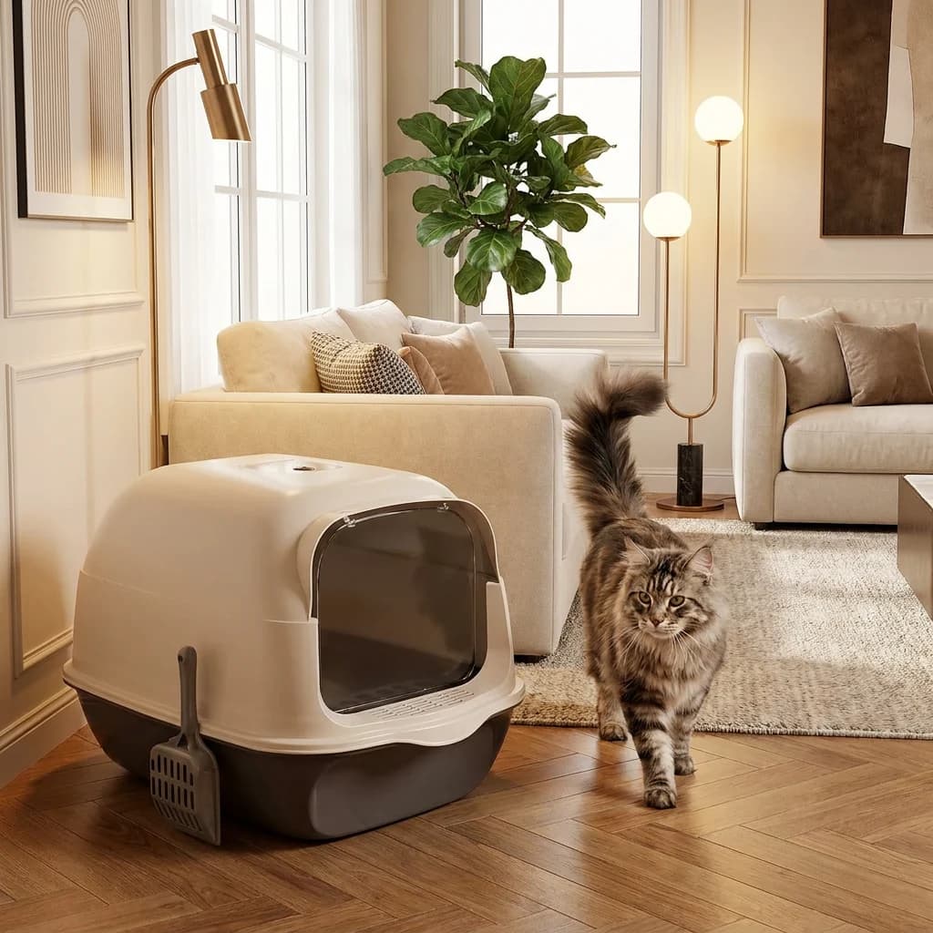 Tabby cat beside a beige enclosed cat litter box in a modern living room.