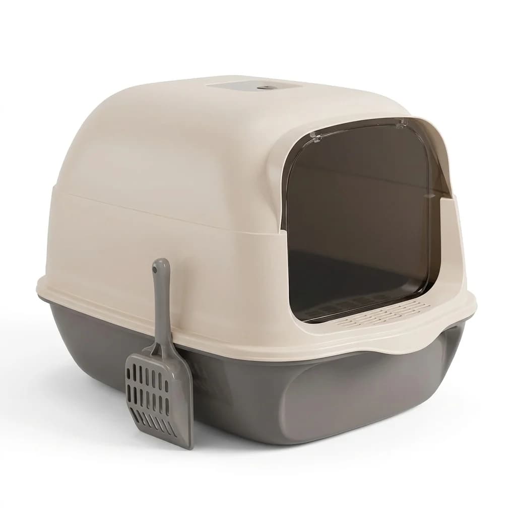 Beige and grey enclosed cat litter box with matching scoop displayed on a white background.