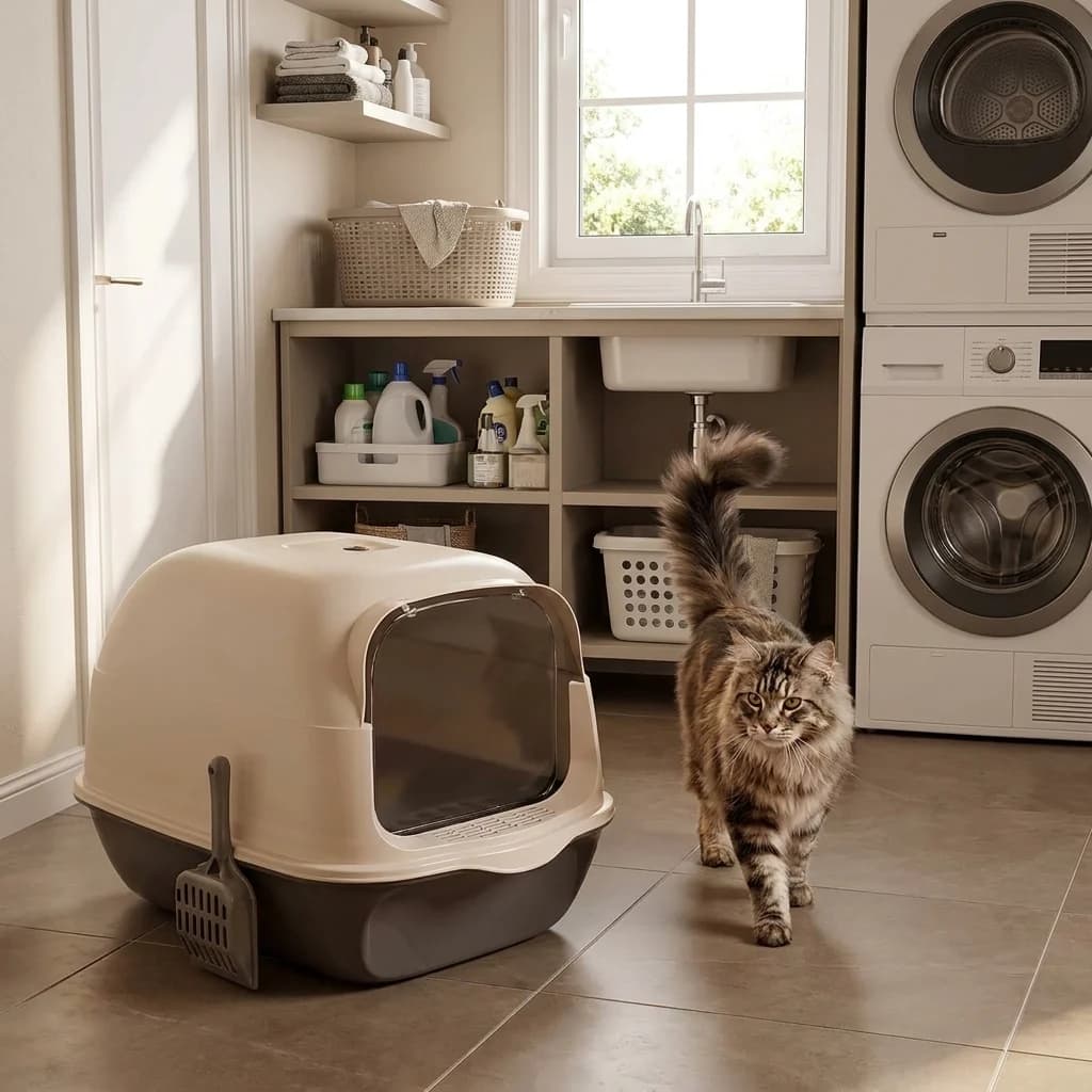Tabby cat walking beside an enclosed cat toilet box in a modern utility room.