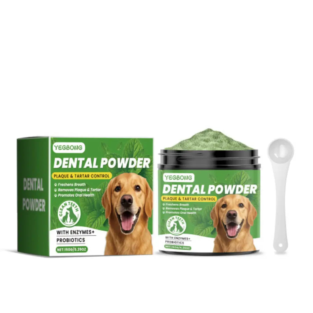 Yegbong Dental Powder packaging for dogs with a scoop on a white background