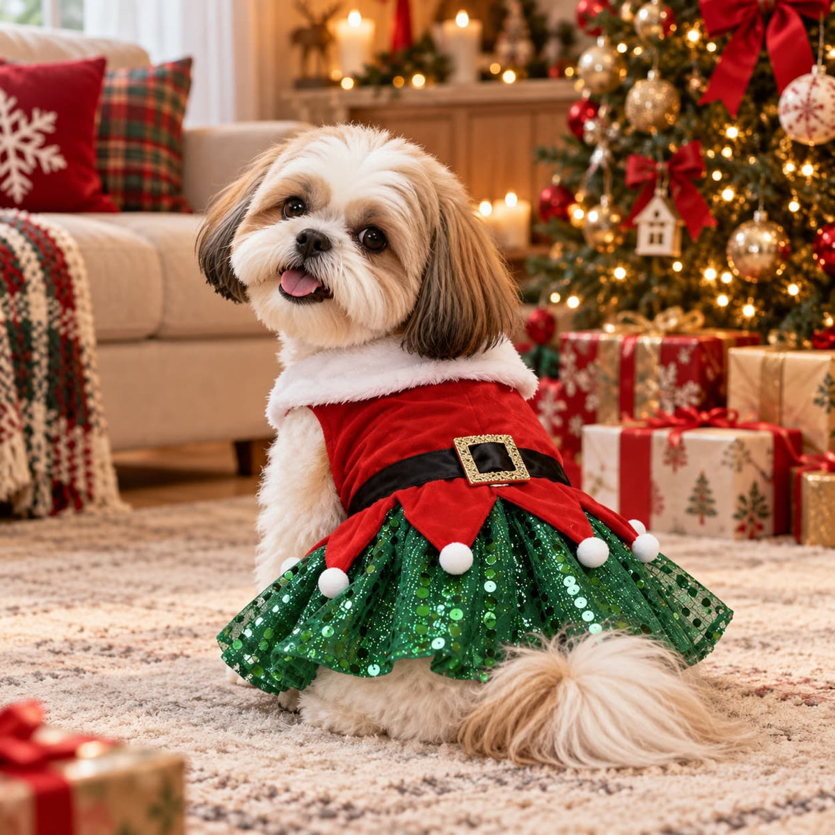 Small Shih Tzu wearing a festive red and green Christmas dress in a cosy holiday living room