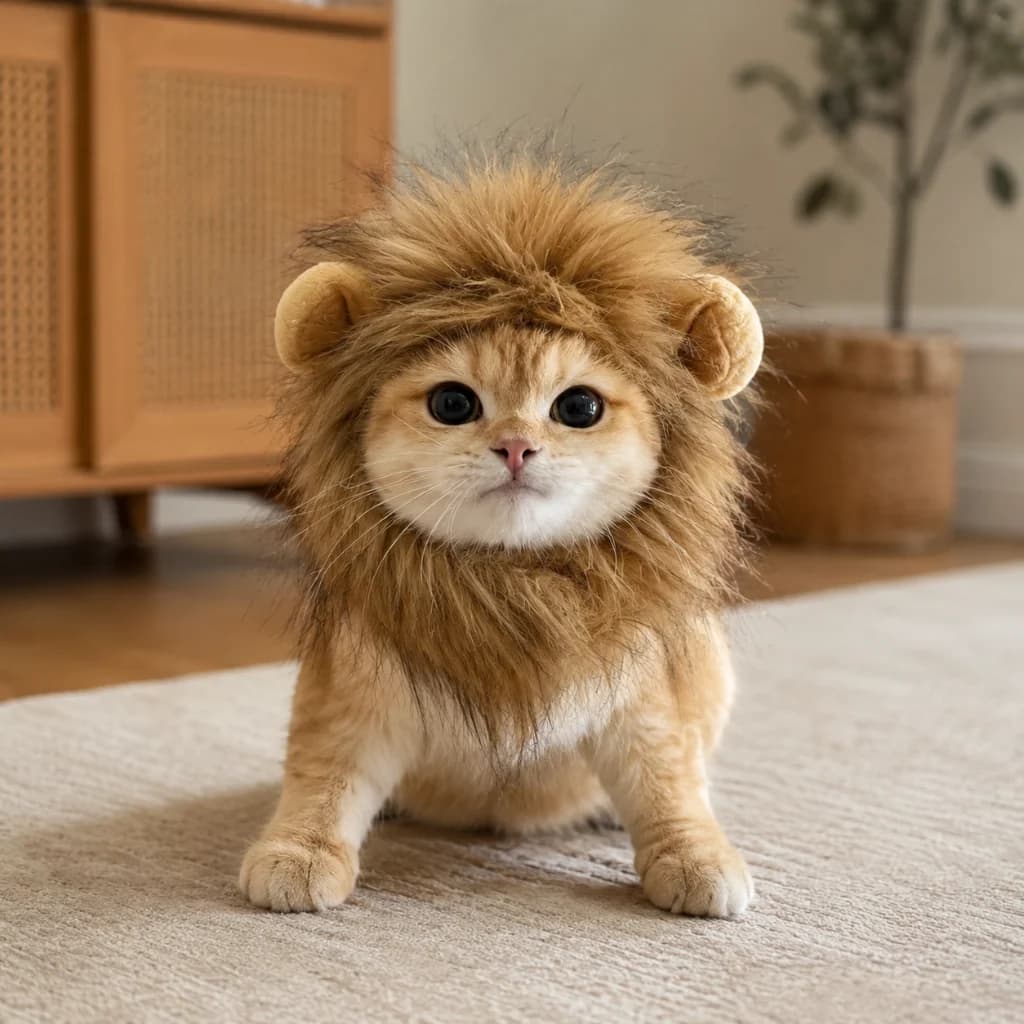 Ginger cat standing indoors wearing a realistic fluffy brown lion mane costume with ears