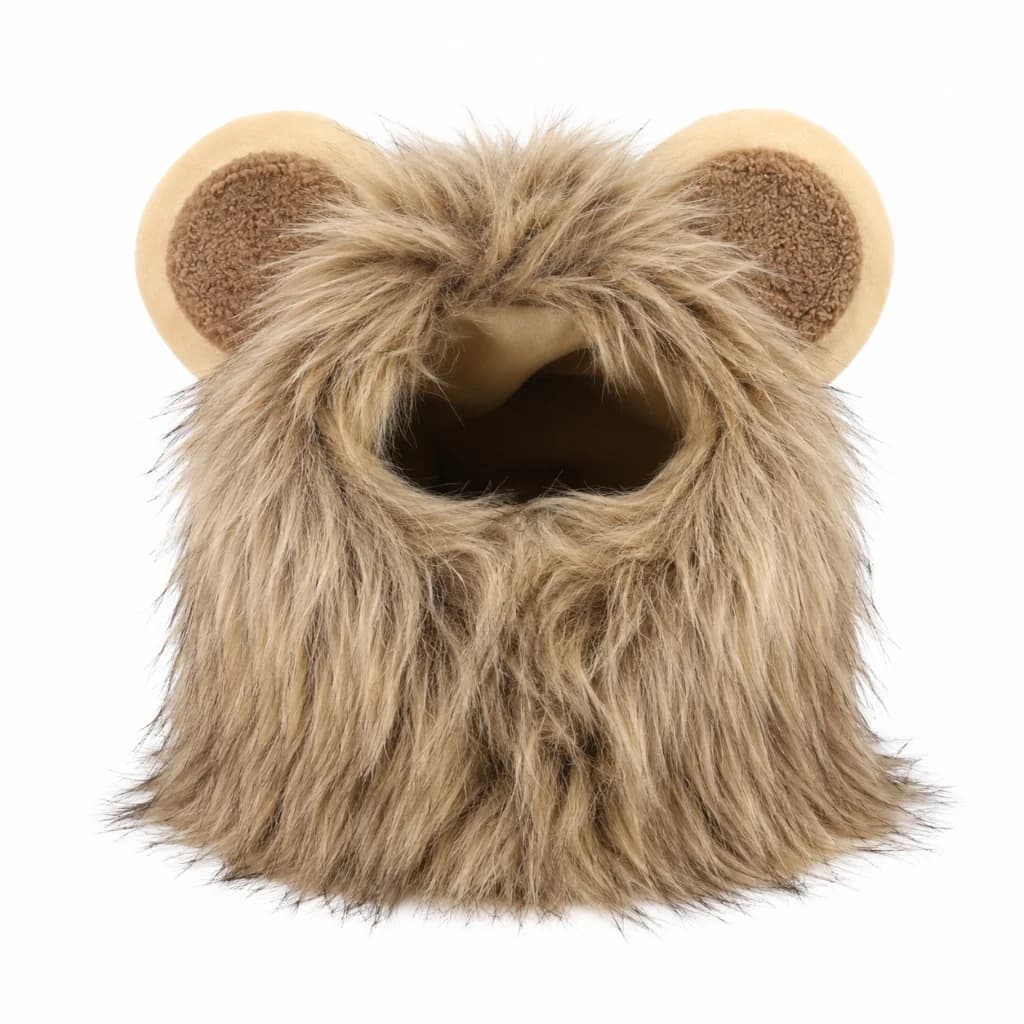 Brown fluffy lion mane pet costume with rounded ears displayed on a clean white background