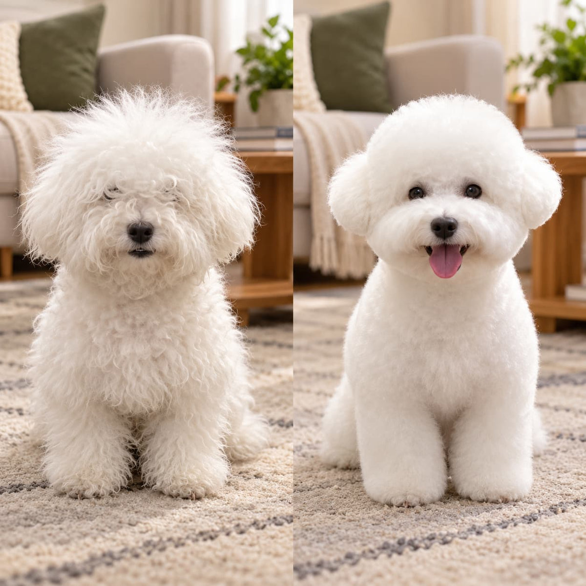 Two fluffy white dogs sitting side by side on a rug, showing their clean and neatly groomed coats.