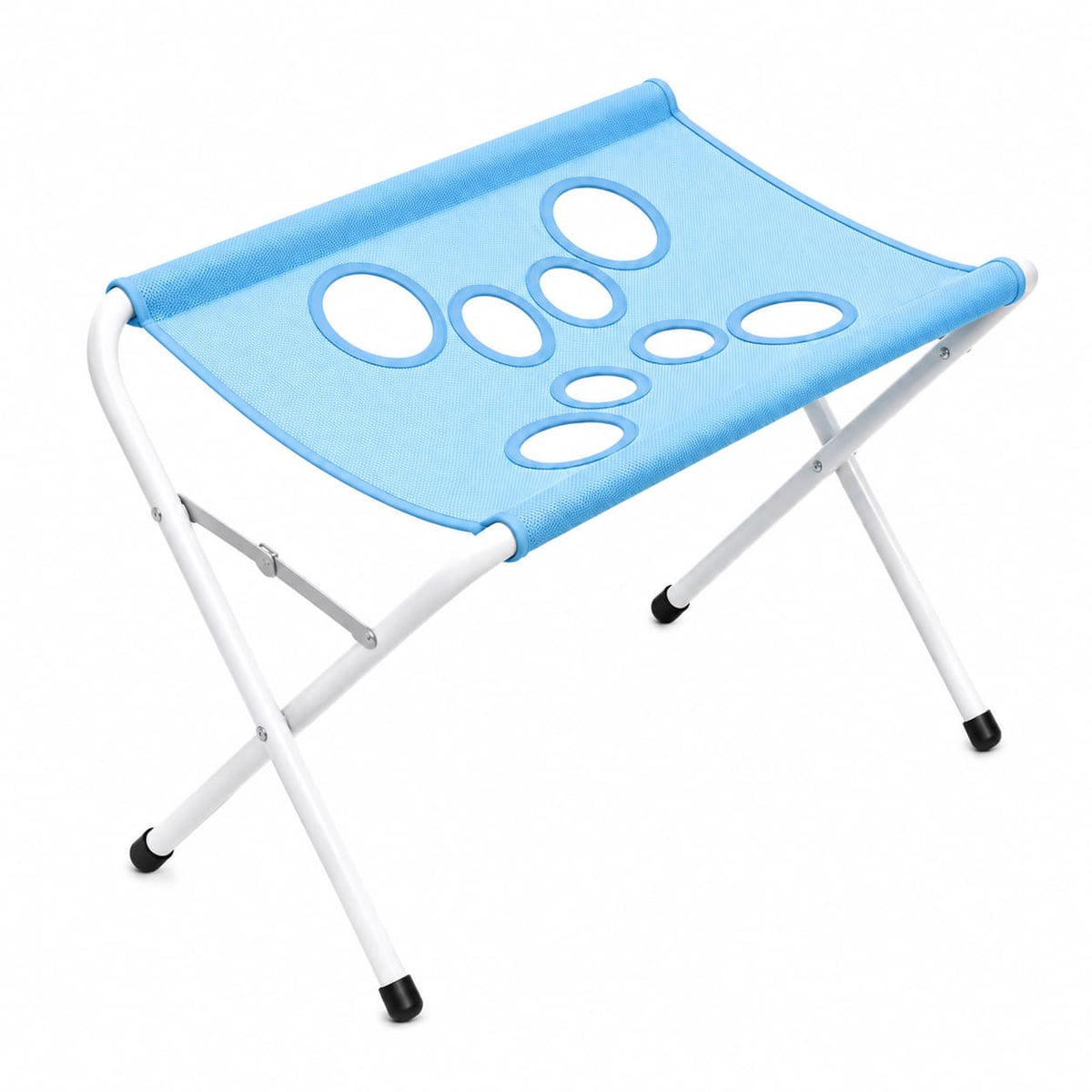 Blue foldable elevated pet bath tub with mesh surface and metal frame on a white background
