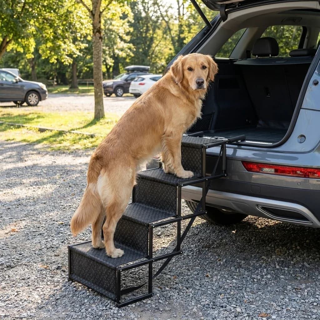 Golden Retriever climbing portable folding pet stairs into a vehicle during an outdoor trip.