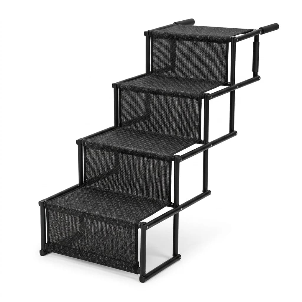 Black four step portable dog stairs designed to provide easier elevated access for pets.