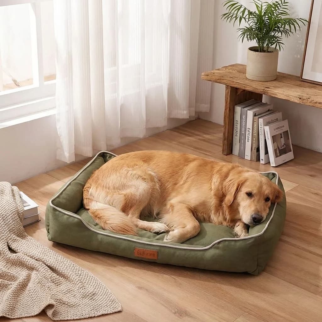 Golden Retriever resting comfortably in a green cushioned dog bed with raised supportive sides.