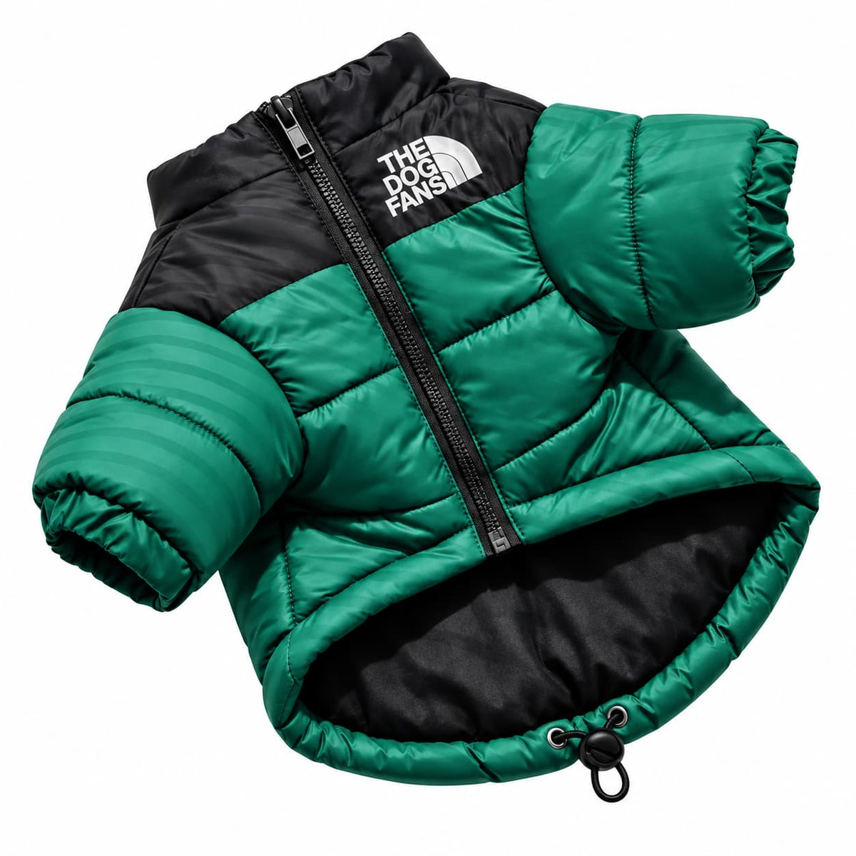 Green and black padded winter dog coat with sleeves and zip fastening