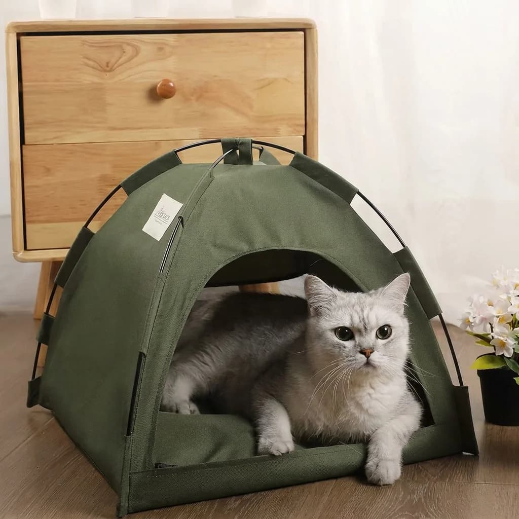 Grey cat relaxing inside a dark green dome shaped pet tent bed in a cosy indoor living space