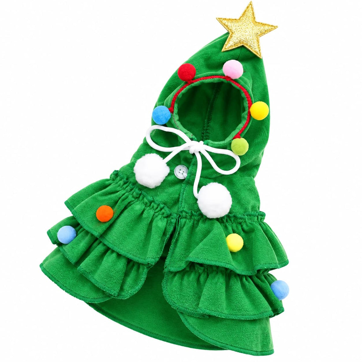 Green Christmas tree pet costume with colourful baubles white pom poms and gold star