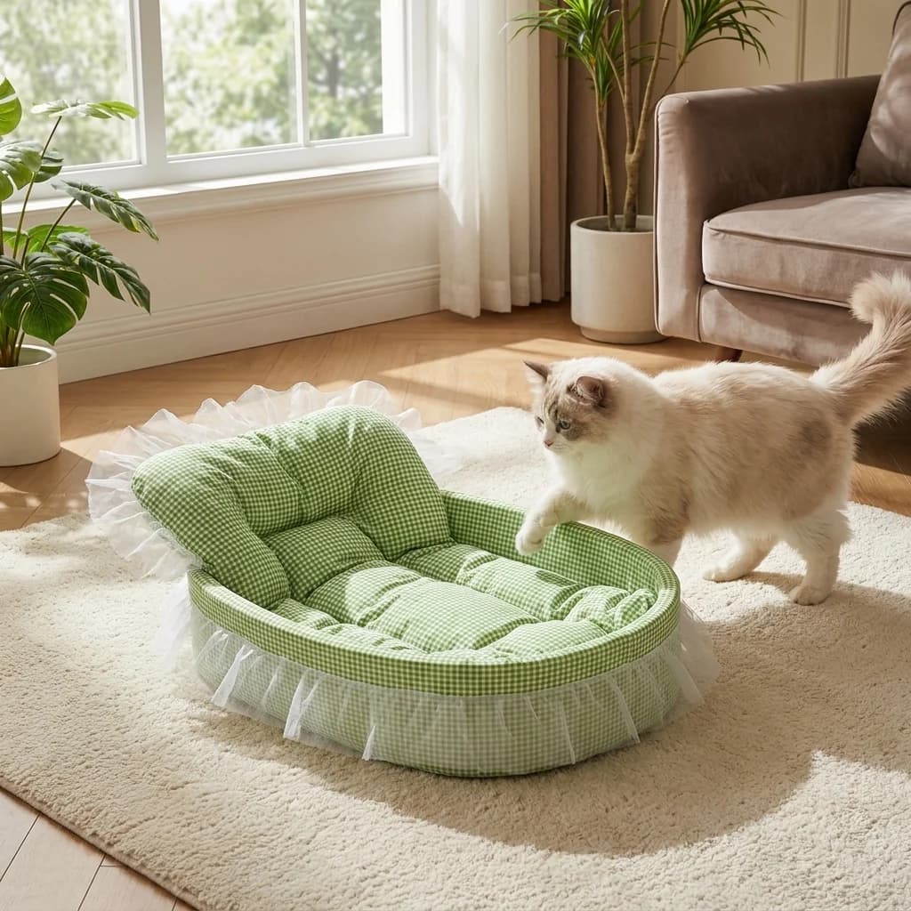Cat approaching a soft green cushioned pet bed in a bright living room.