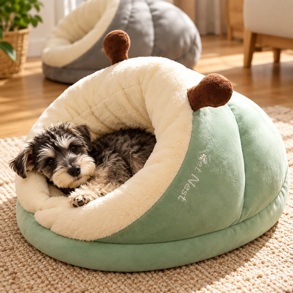 Small dog resting comfortably inside a soft green and cream cave style pet bed