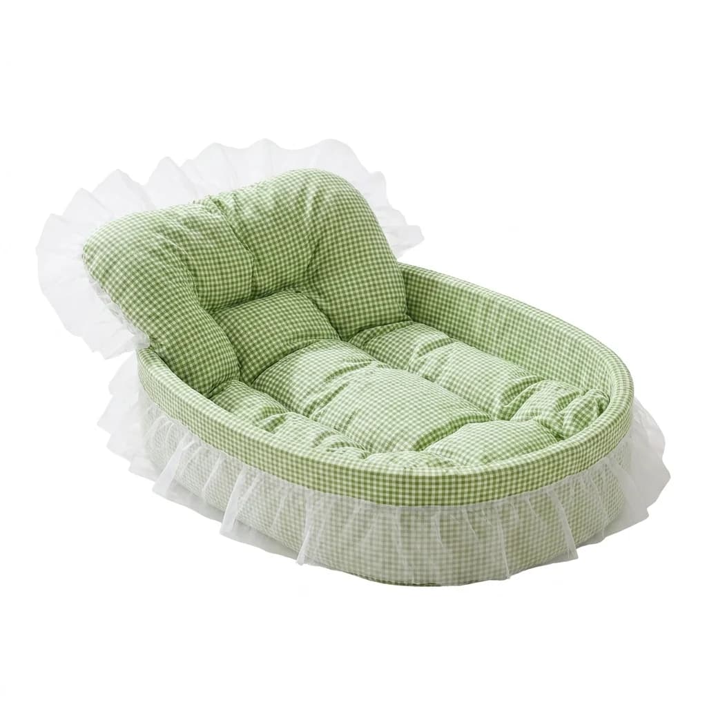 Soft green oval pet bed with plush cushioning and raised edges displayed on a white background.