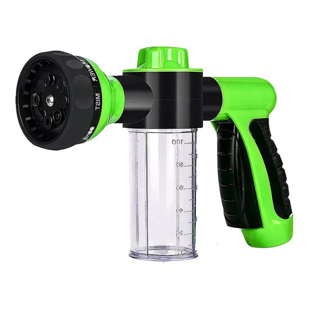 Green handheld pet bathing sprayer with integrated transparent soap dispenser