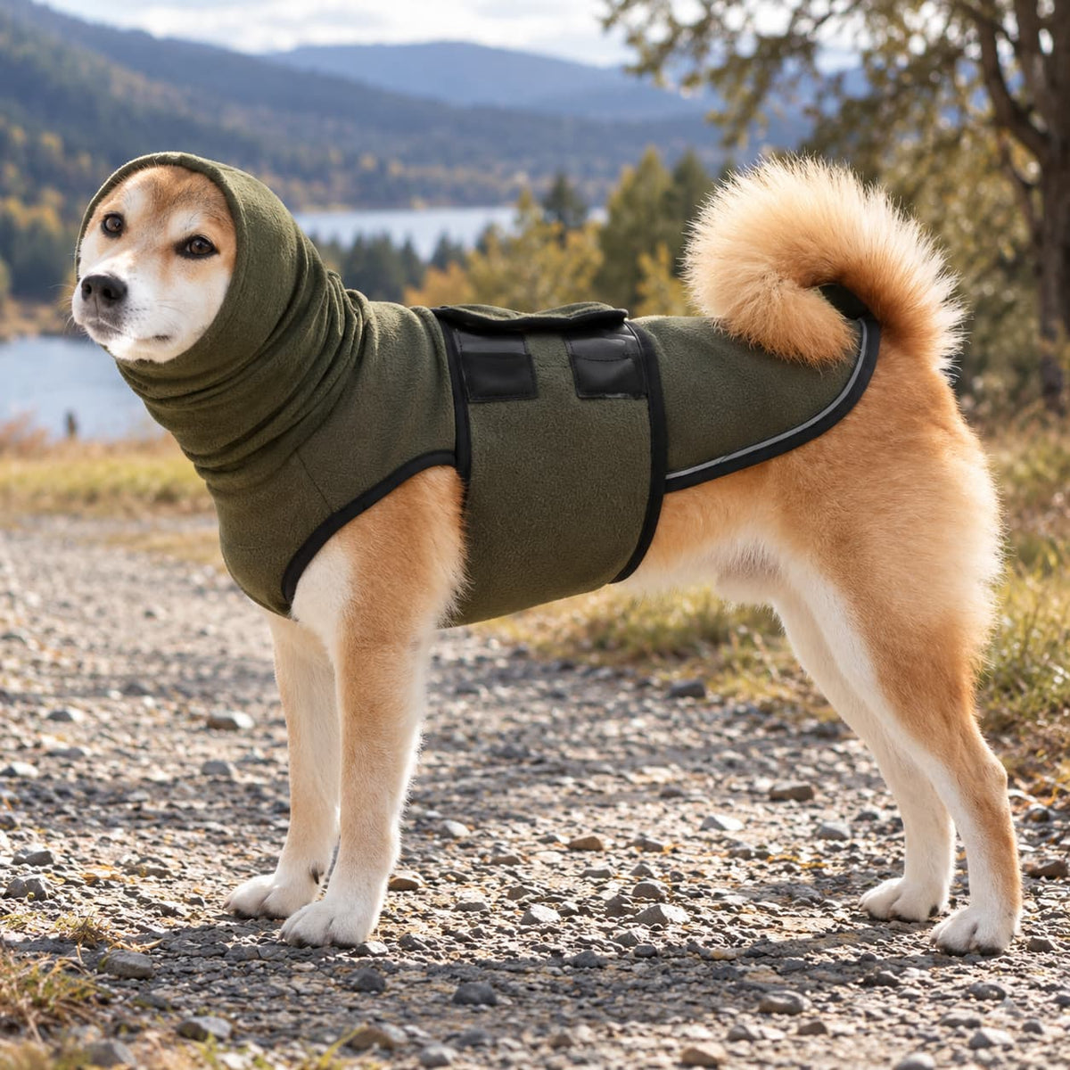 Shiba Inu wearing an olive green fleece dog vest outdoors during a cool countryside walk.