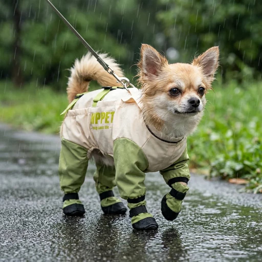 Small Chihuahua wearing a green and cream full body waterproof dog raincoat outdoors on a wet path surrounded by greenery