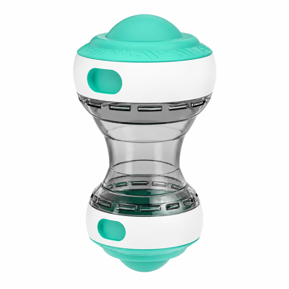 Green and white interactive rolling dog treat dispenser toy on a white background