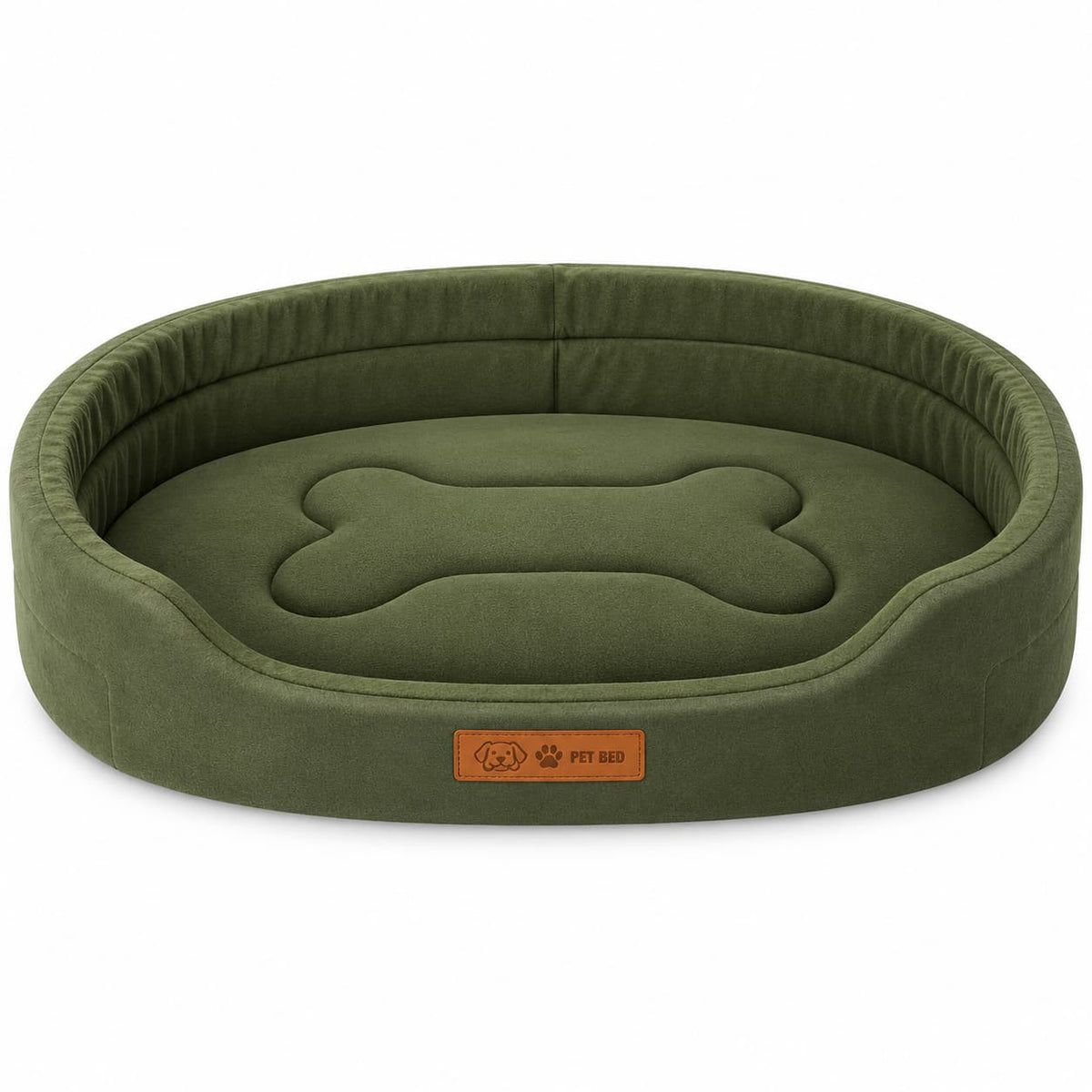 Green oval orthopedic dog bed with raised supportive sides and bone-shaped padded sleeping area