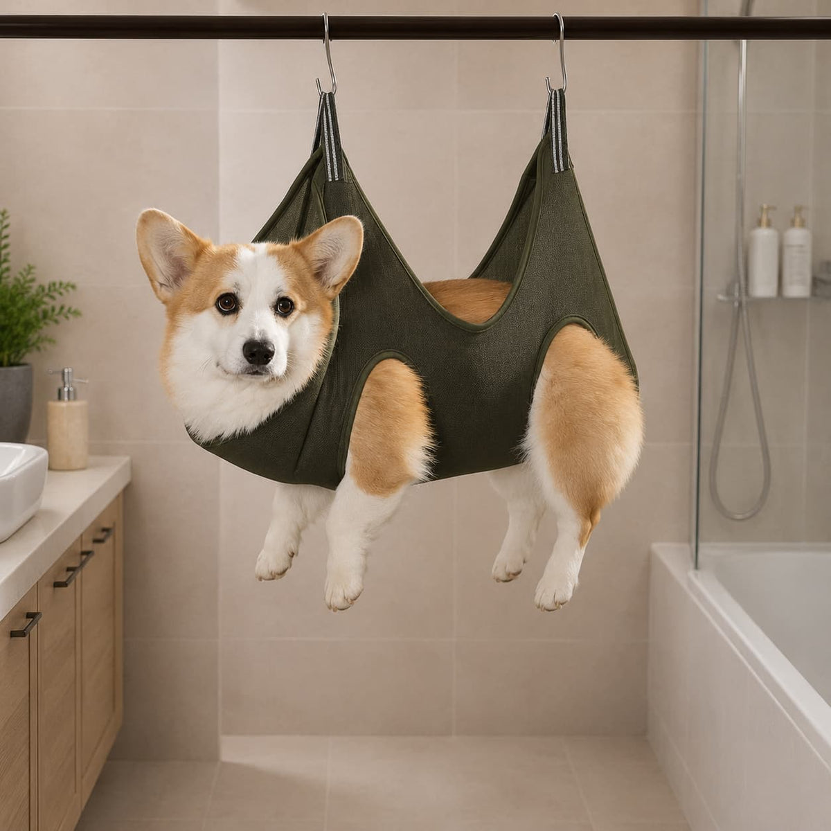 Small dog comfortably supported in a green pet grooming hammock during an at home grooming session