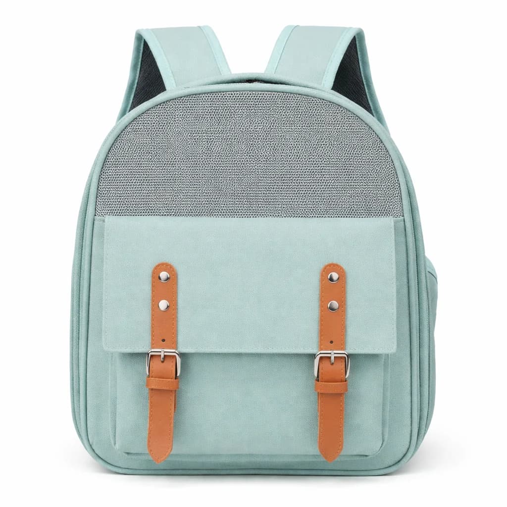Light green pet carrier backpack with mesh ventilation and brown front straps