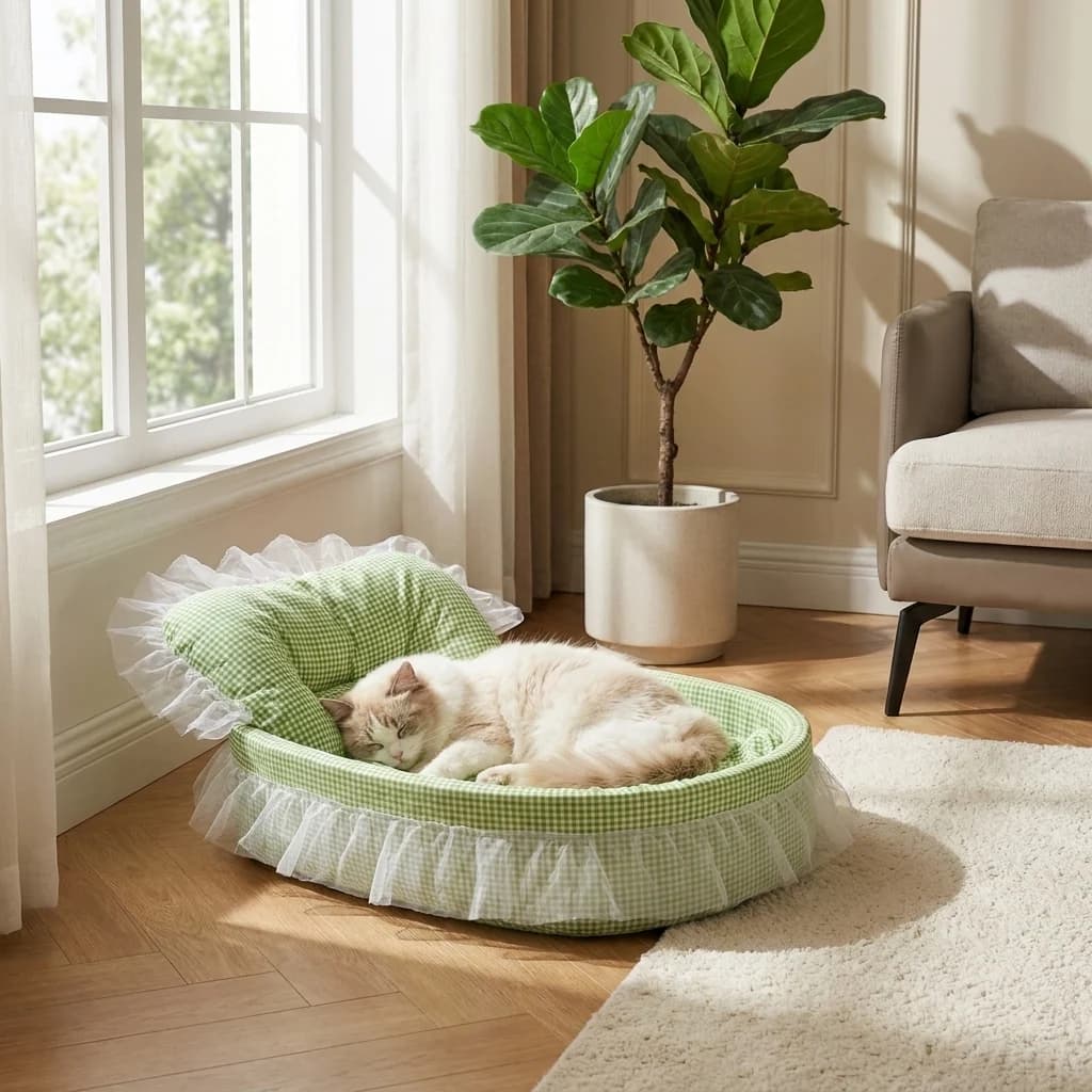 White cat sleeping comfortably in a soft green plush pet bed beside a sunny window.