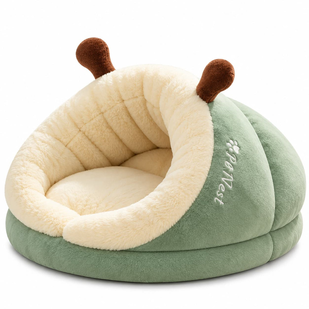 Green and cream plush cave pet bed with a cosy enclosed design for dogs and cats