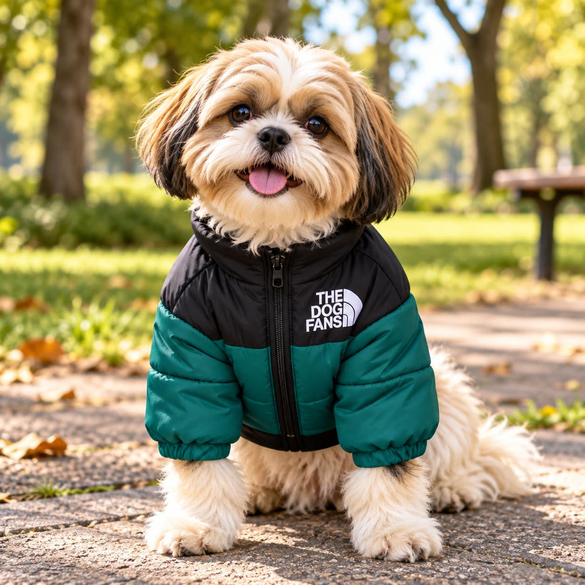 Small dog wearing a green and black puffer jacket for warmth during outdoor walks
